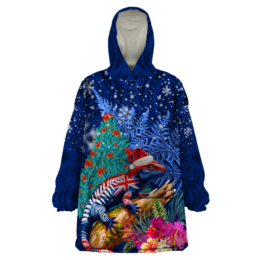 New Zealand Tuatara Christmas Wearable Blanket Hoodie Silver Fern and Xmas Pohutukawa Tree Blue Color