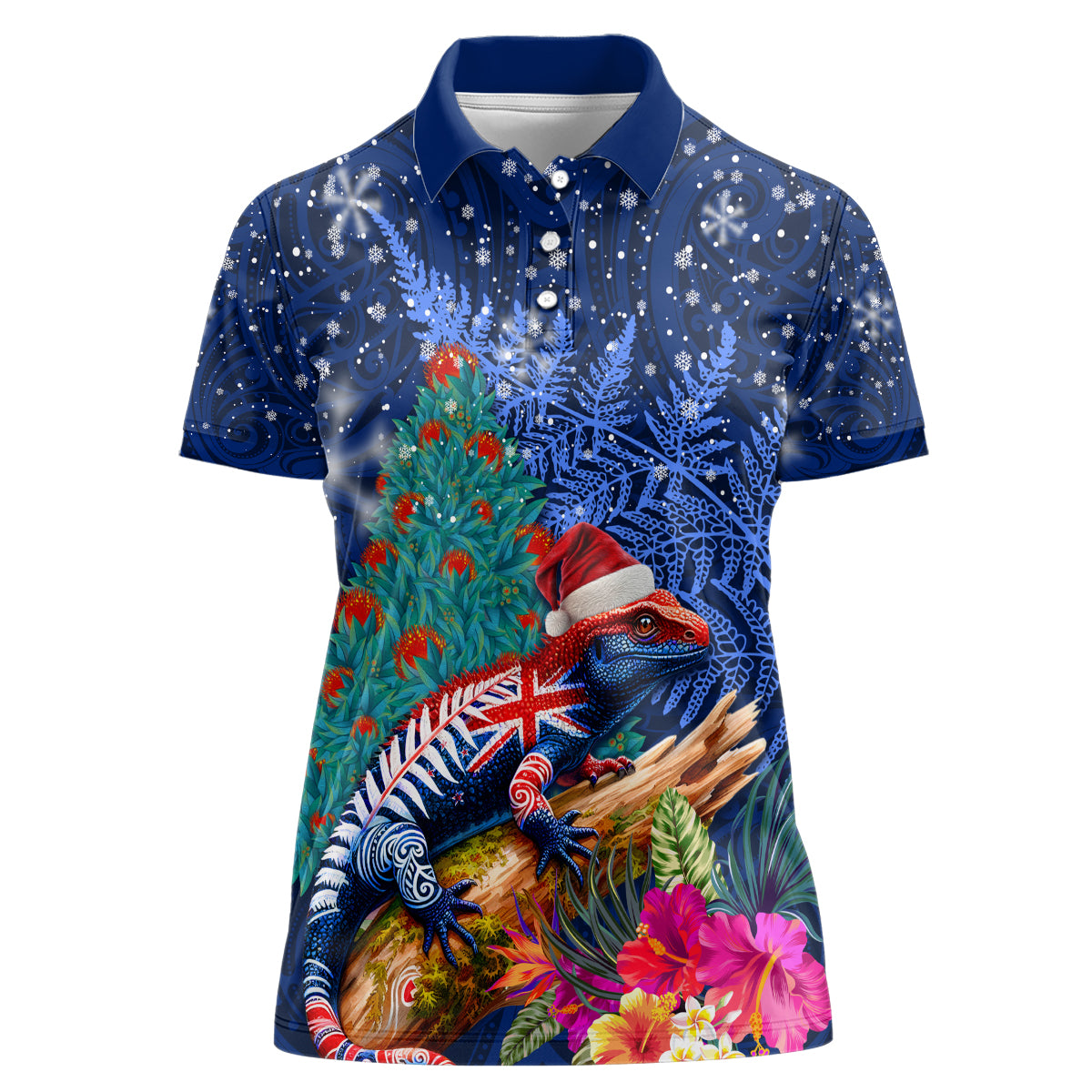 New Zealand Tuatara Christmas Women Polo Shirt Silver Fern and Xmas Pohutukawa Tree Blue Color