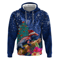 New Zealand Tuatara Christmas Zip Hoodie Silver Fern and Xmas Pohutukawa Tree Blue Color