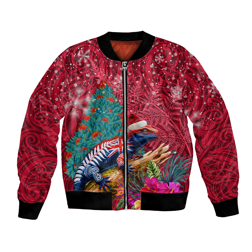 New Zealand Tuatara Christmas Bomber Jacket Silver Fern and Xmas Pohutukawa Tree Red Color LT03 Unisex Red - Polynesian Pride