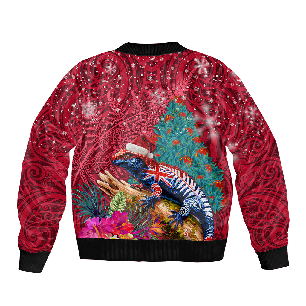 New Zealand Tuatara Christmas Bomber Jacket Silver Fern and Xmas Pohutukawa Tree Red Color LT03 - Polynesian Pride