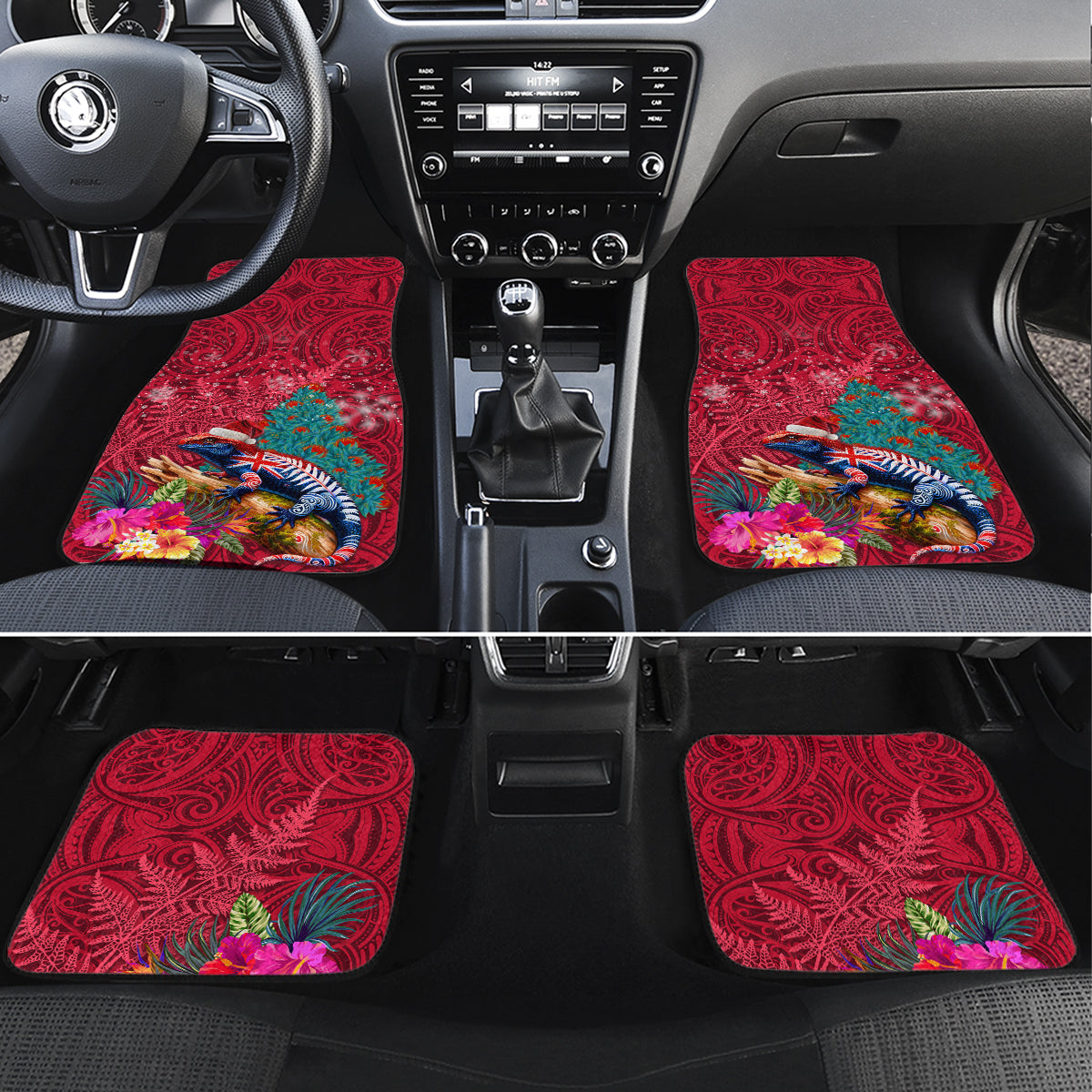 New Zealand Tuatara Christmas Car Mats Silver Fern and Xmas Pohutukawa Tree Red Color LT03 Set 4pcs Red - Polynesian Pride