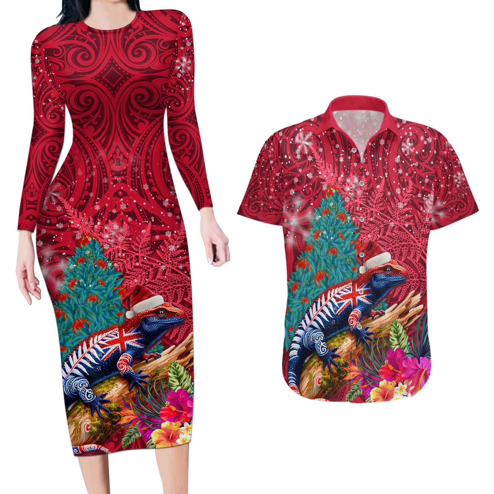 New Zealand Tuatara Christmas Couples Matching Long Sleeve Bodycon Dress and Hawaiian Shirt Silver Fern and Xmas Pohutukawa Tree Red Color LT03 Red - Polynesian Pride