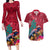 New Zealand Tuatara Christmas Couples Matching Long Sleeve Bodycon Dress and Hawaiian Shirt Silver Fern and Xmas Pohutukawa Tree Red Color