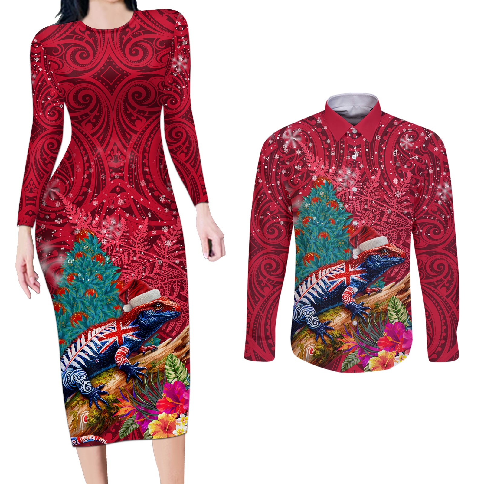 New Zealand Tuatara Christmas Couples Matching Long Sleeve Bodycon Dress and Long Sleeve Button Shirt Silver Fern and Xmas Pohutukawa Tree Red Color LT03 Red - Polynesian Pride