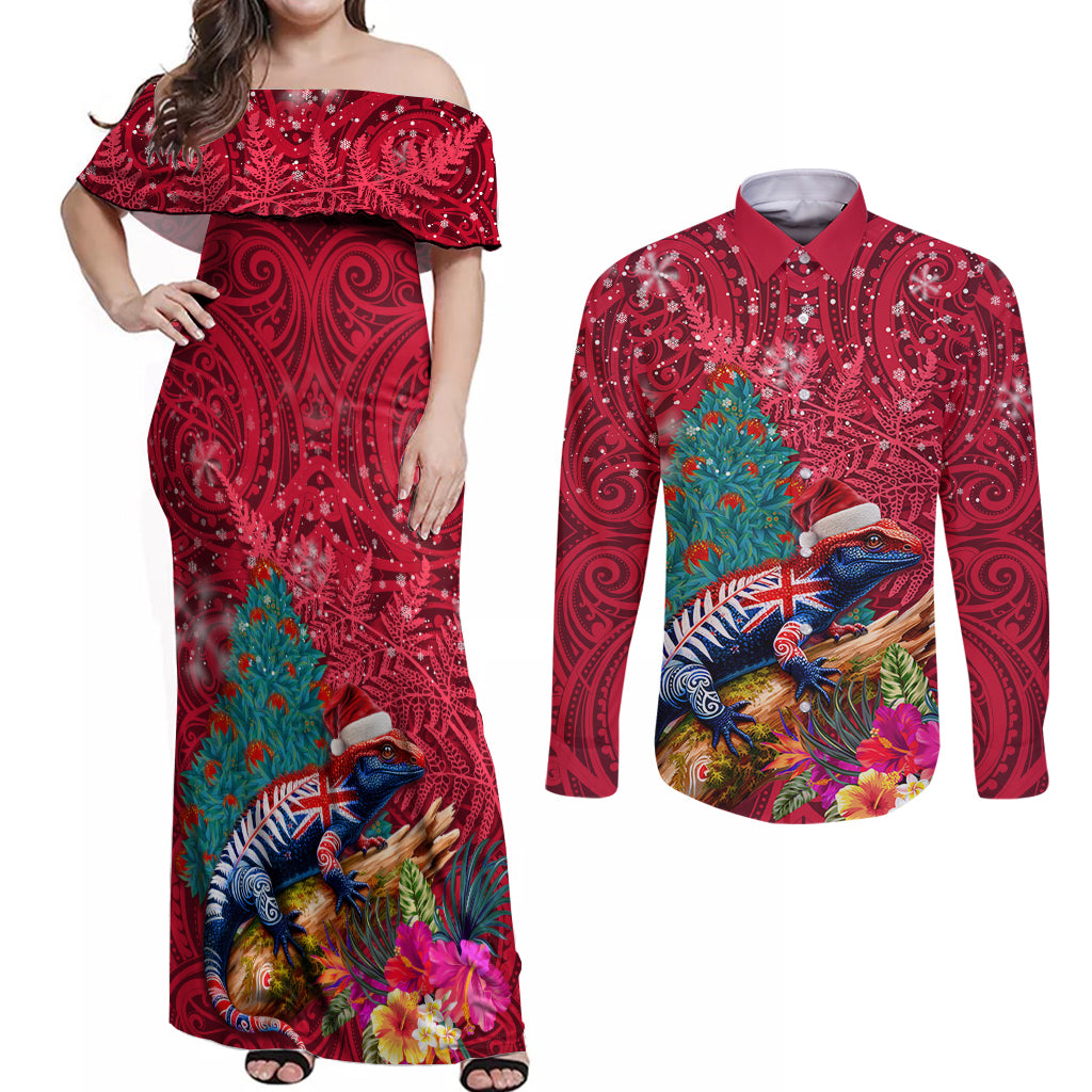 New Zealand Tuatara Christmas Couples Matching Off Shoulder Maxi Dress and Long Sleeve Button Shirt Silver Fern and Xmas Pohutukawa Tree Red Color LT03 Red - Polynesian Pride