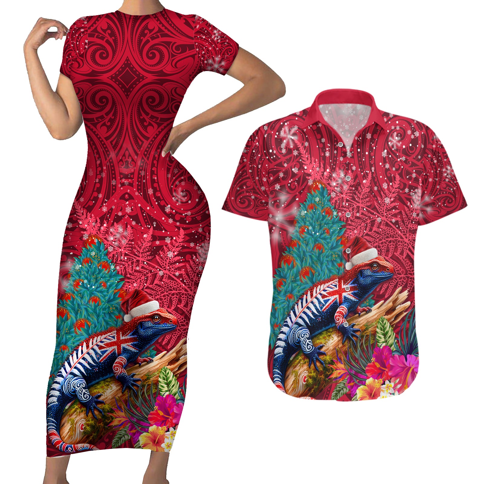 New Zealand Tuatara Christmas Couples Matching Short Sleeve Bodycon Dress and Hawaiian Shirt Silver Fern and Xmas Pohutukawa Tree Red Color