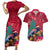 New Zealand Tuatara Christmas Couples Matching Short Sleeve Bodycon Dress and Hawaiian Shirt Silver Fern and Xmas Pohutukawa Tree Red Color