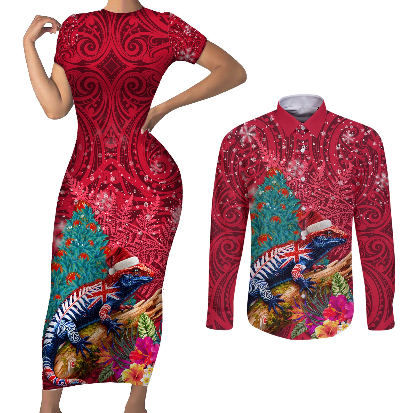 New Zealand Tuatara Christmas Couples Matching Short Sleeve Bodycon Dress and Long Sleeve Button Shirt Silver Fern and Xmas Pohutukawa Tree Red Color LT03 Red - Polynesian Pride