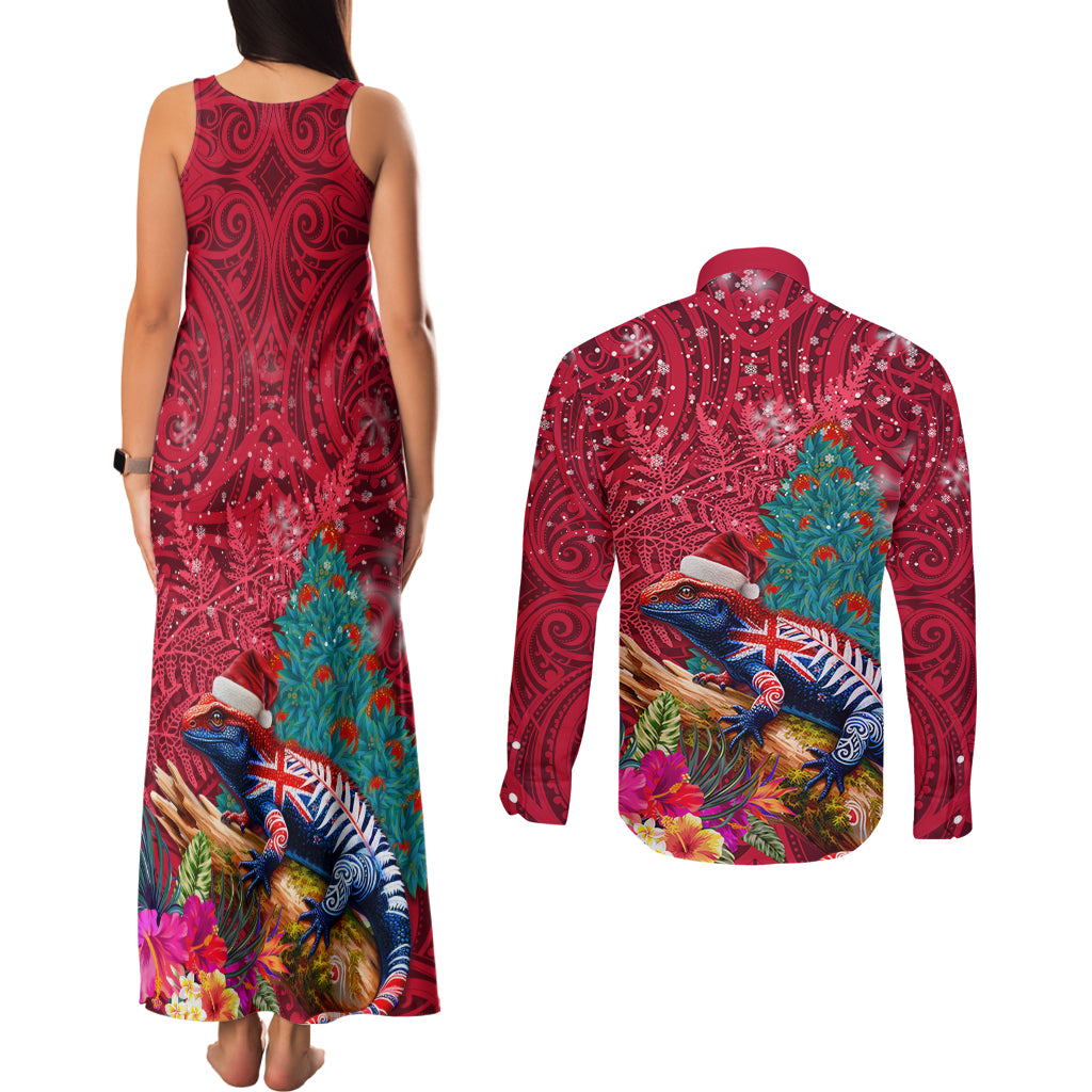 New Zealand Tuatara Christmas Couples Matching Tank Maxi Dress and Long Sleeve Button Shirt Silver Fern and Xmas Pohutukawa Tree Red Color