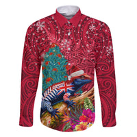 New Zealand Tuatara Christmas Family Matching Long Sleeve Bodycon Dress and Hawaiian Shirt Silver Fern and Xmas Pohutukawa Tree Red Color