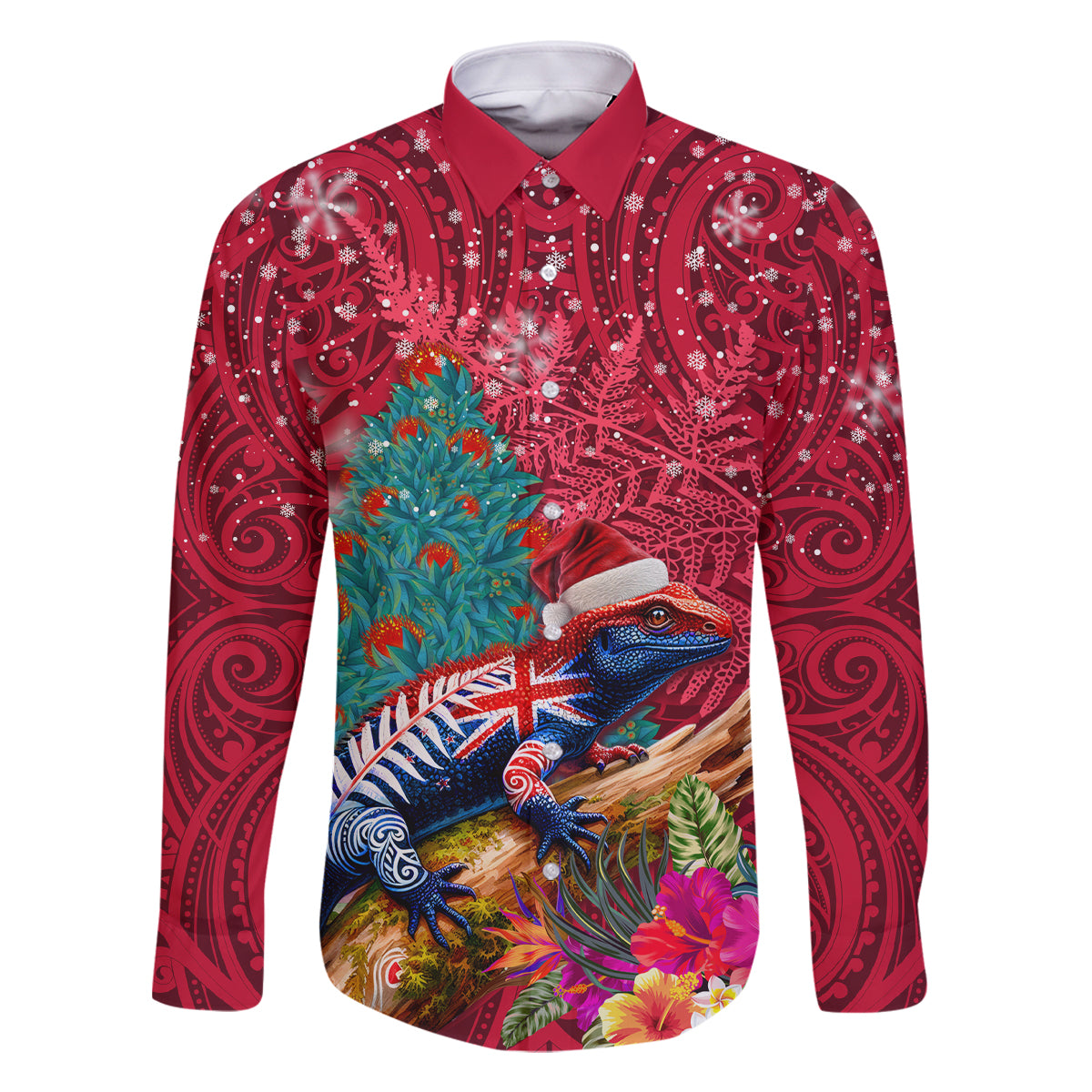 New Zealand Tuatara Christmas Family Matching Off The Shoulder Long Sleeve Dress and Hawaiian Shirt Silver Fern and Xmas Pohutukawa Tree Red Color