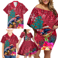 New Zealand Tuatara Christmas Family Matching Off Shoulder Short Dress and Hawaiian Shirt Silver Fern and Xmas Pohutukawa Tree Red Color