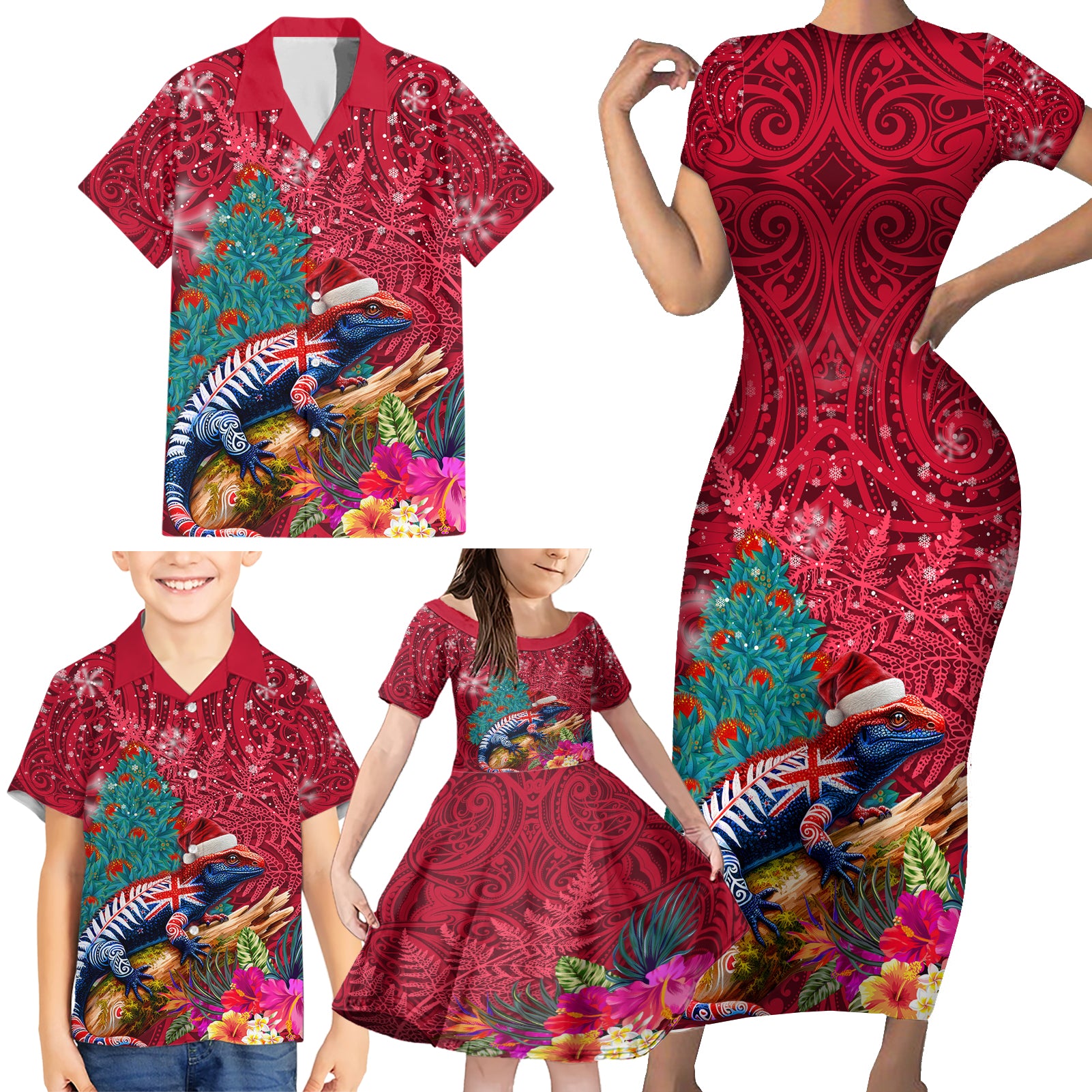 New Zealand Tuatara Christmas Family Matching Short Sleeve Bodycon Dress and Hawaiian Shirt Silver Fern and Xmas Pohutukawa Tree Red Color