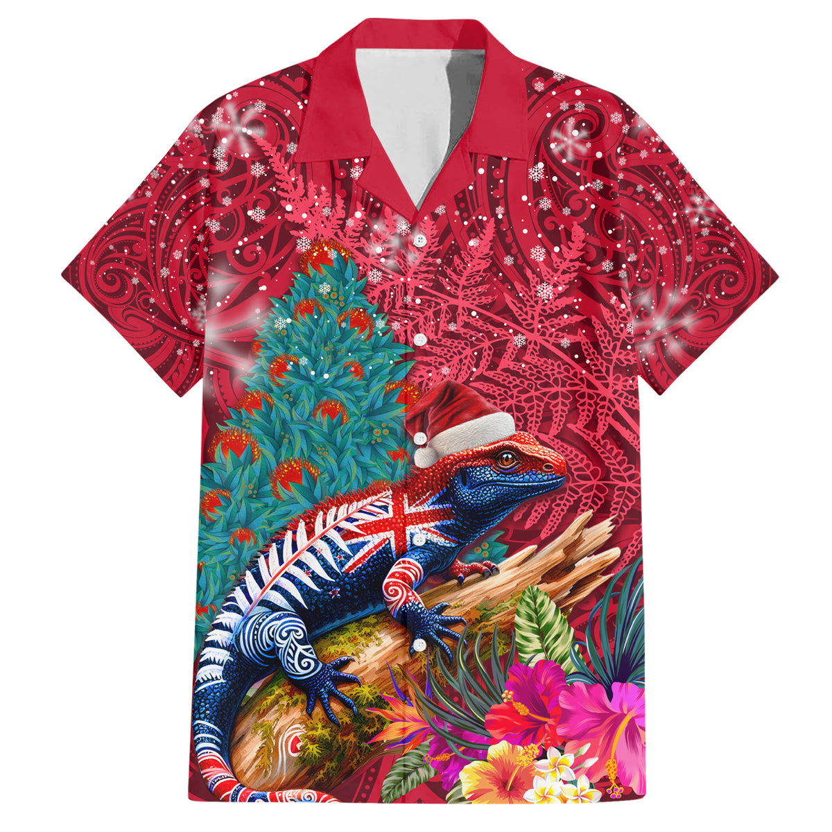 New Zealand Tuatara Christmas Family Matching Short Sleeve Bodycon Dress and Hawaiian Shirt Silver Fern and Xmas Pohutukawa Tree Red Color