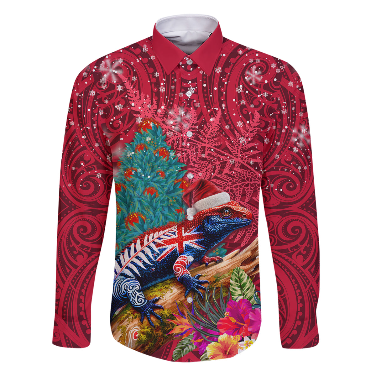 New Zealand Tuatara Christmas Family Matching Short Sleeve Bodycon Dress and Hawaiian Shirt Silver Fern and Xmas Pohutukawa Tree Red Color