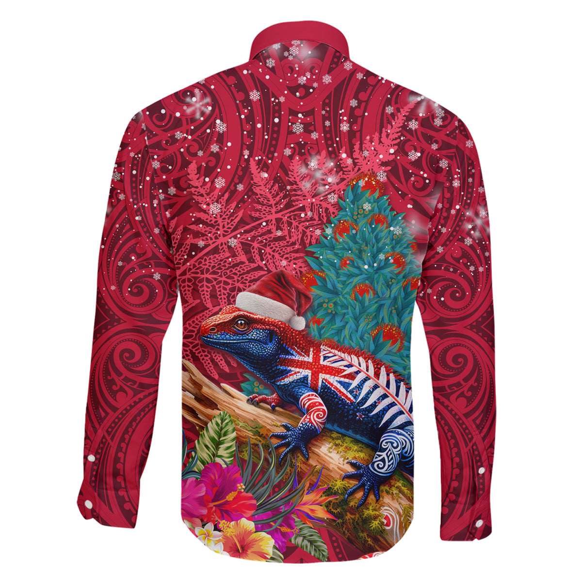 New Zealand Tuatara Christmas Family Matching Short Sleeve Bodycon Dress and Hawaiian Shirt Silver Fern and Xmas Pohutukawa Tree Red Color