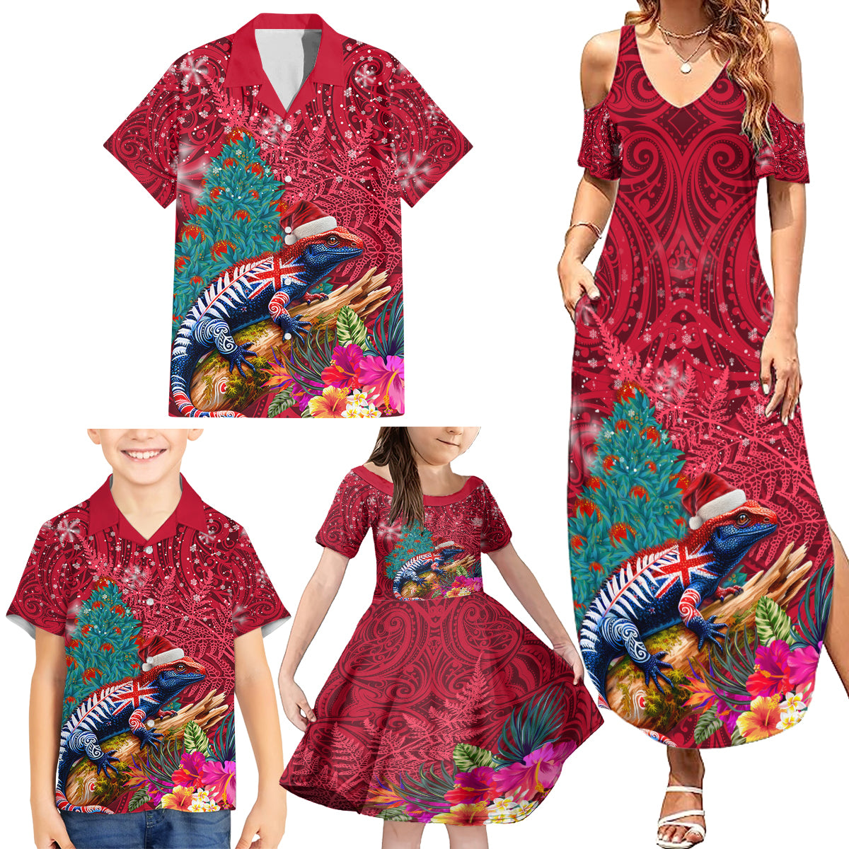 New Zealand Tuatara Christmas Family Matching Summer Maxi Dress and Hawaiian Shirt Silver Fern and Xmas Pohutukawa Tree Red Color