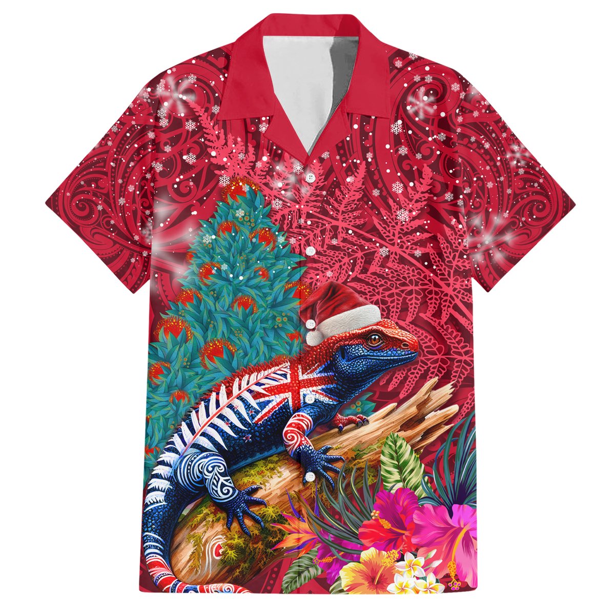 New Zealand Tuatara Christmas Hawaiian Shirt Silver Fern and Xmas Pohutukawa Tree Red Color LT03 Red - Polynesian Pride