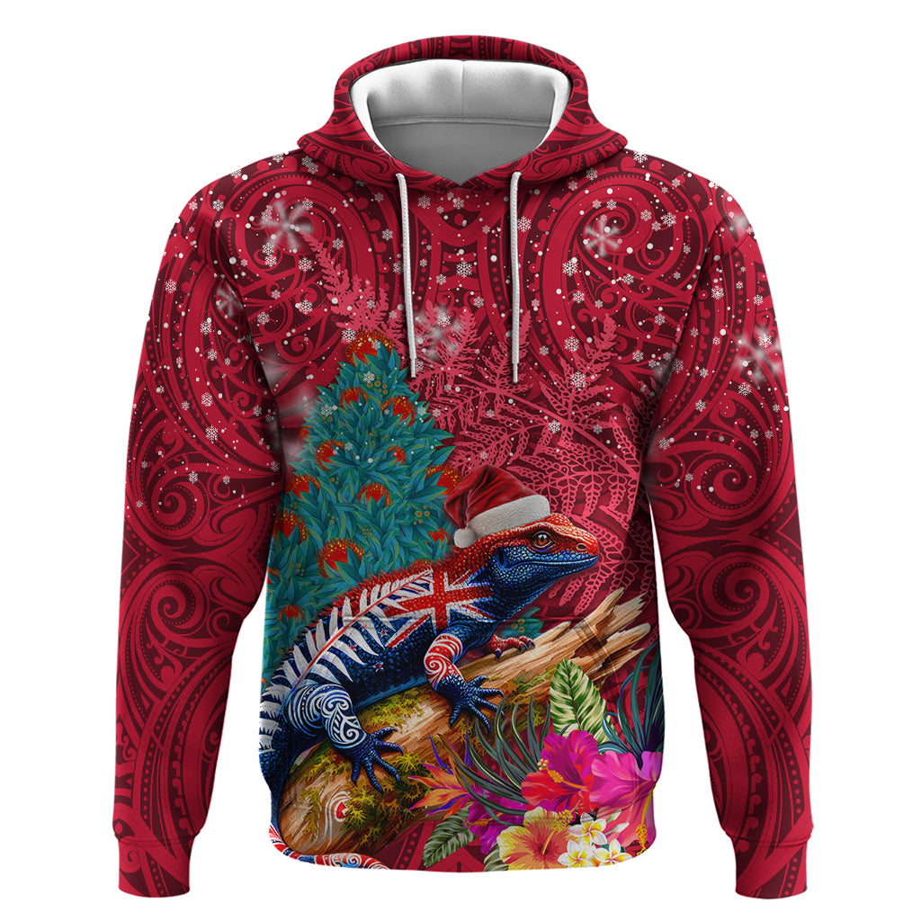 New Zealand Tuatara Christmas Hoodie Silver Fern and Xmas Pohutukawa Tree Red Color