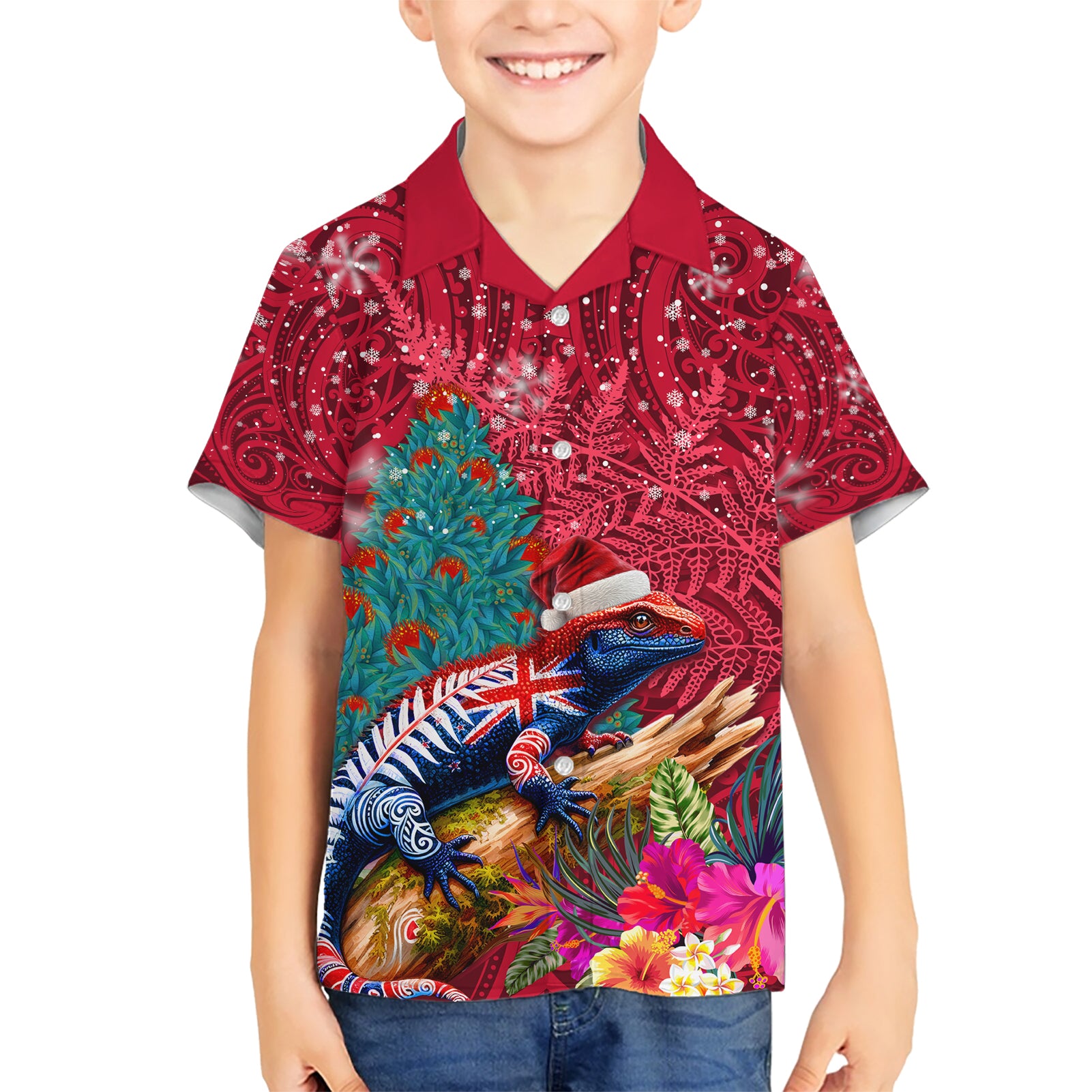 New Zealand Tuatara Christmas Kid Hawaiian Shirt Silver Fern and Xmas Pohutukawa Tree Red Color