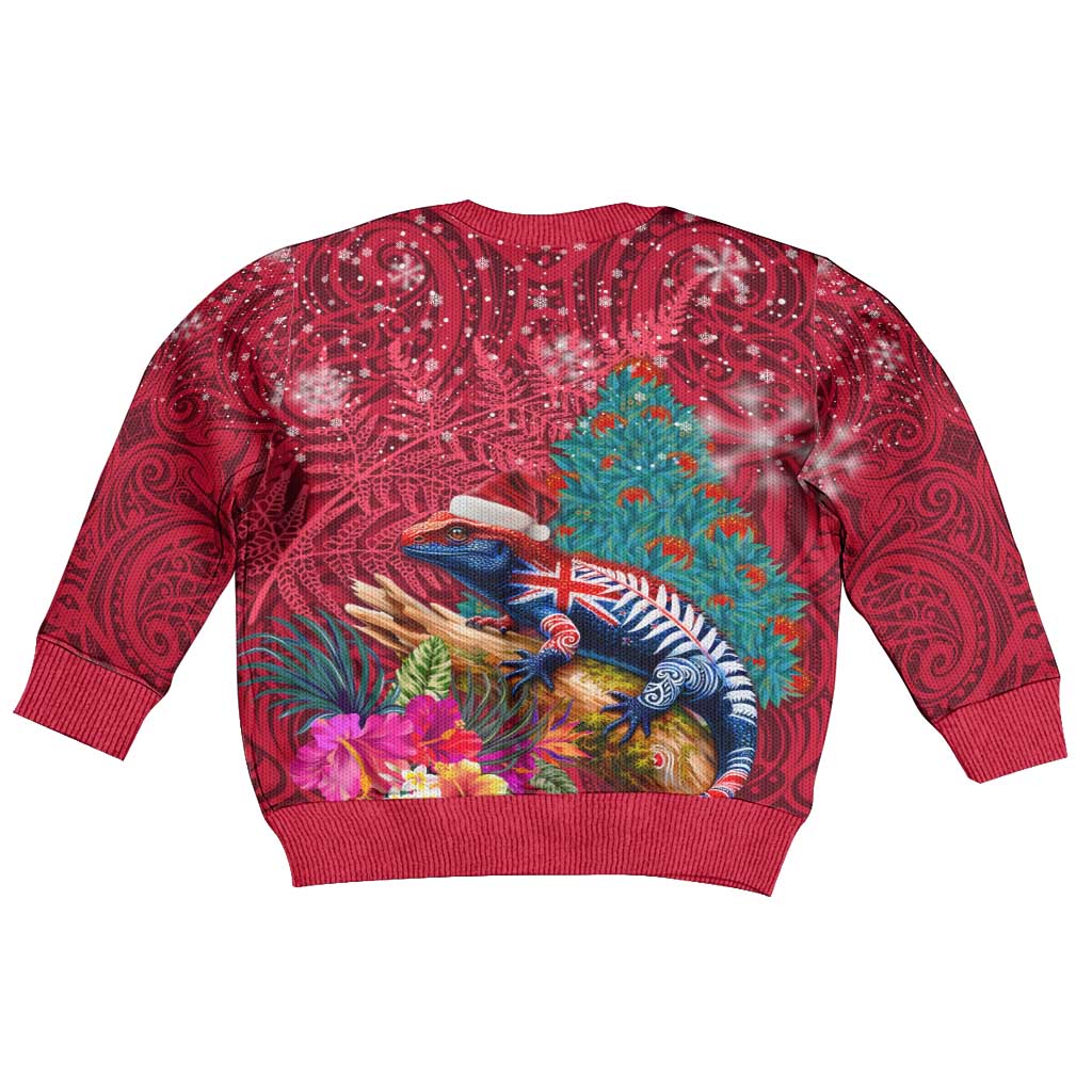 New Zealand Tuatara Christmas Kid Ugly Christmas Sweater Silver Fern and Xmas Pohutukawa Tree Red Color