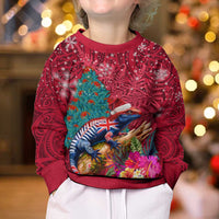 New Zealand Tuatara Christmas Kid Ugly Christmas Sweater Silver Fern and Xmas Pohutukawa Tree Red Color