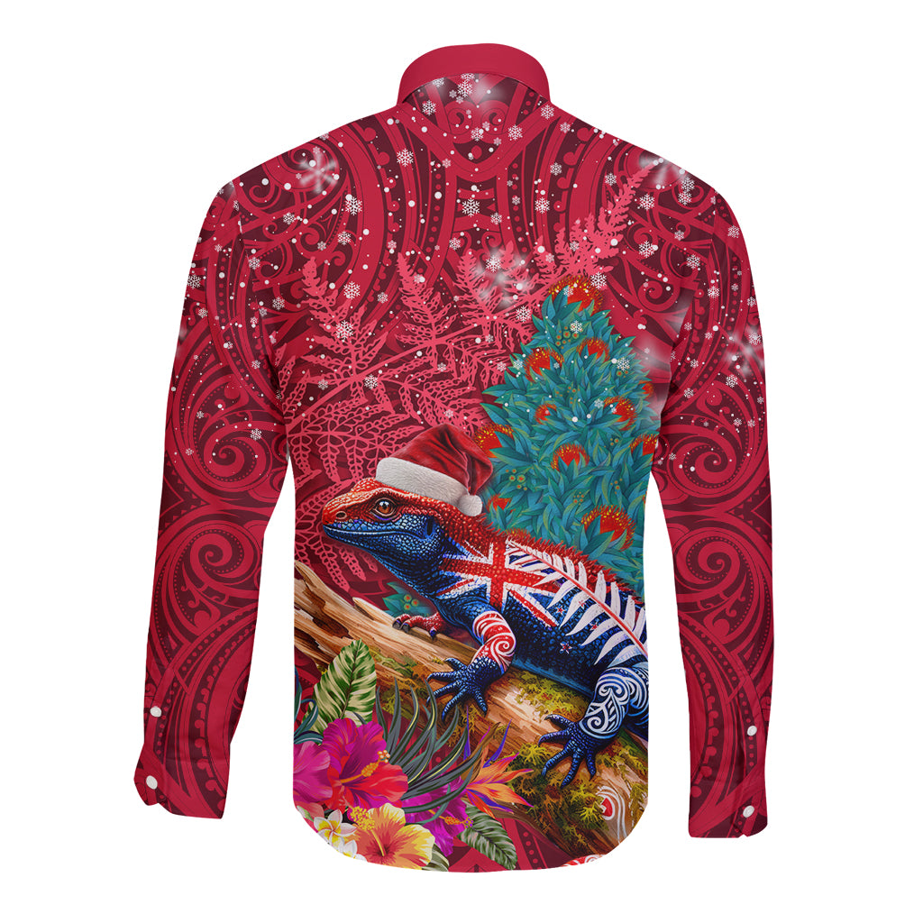 New Zealand Tuatara Christmas Long Sleeve Button Shirt Silver Fern and Xmas Pohutukawa Tree Red Color