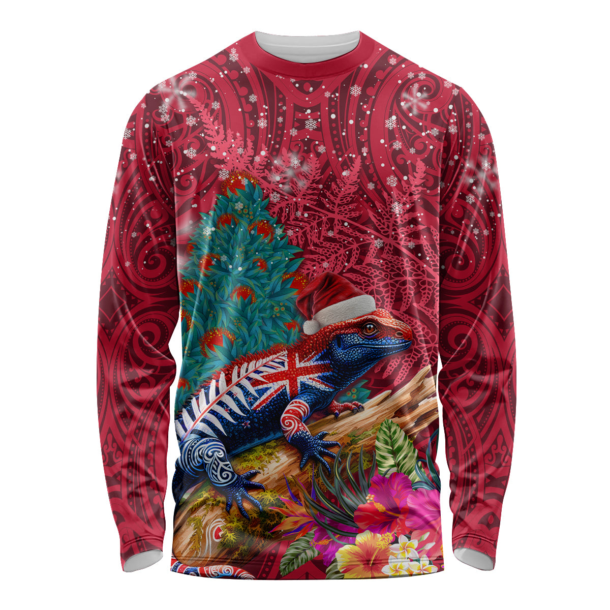 New Zealand Tuatara Christmas Long Sleeve Shirt Silver Fern and Xmas Pohutukawa Tree Red Color