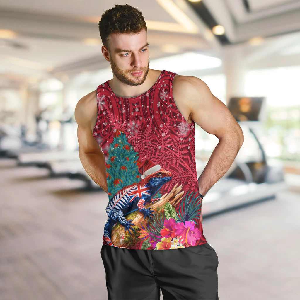 New Zealand Tuatara Christmas Men Tank Top Silver Fern and Xmas Pohutukawa Tree Red Color LT03 Red - Polynesian Pride