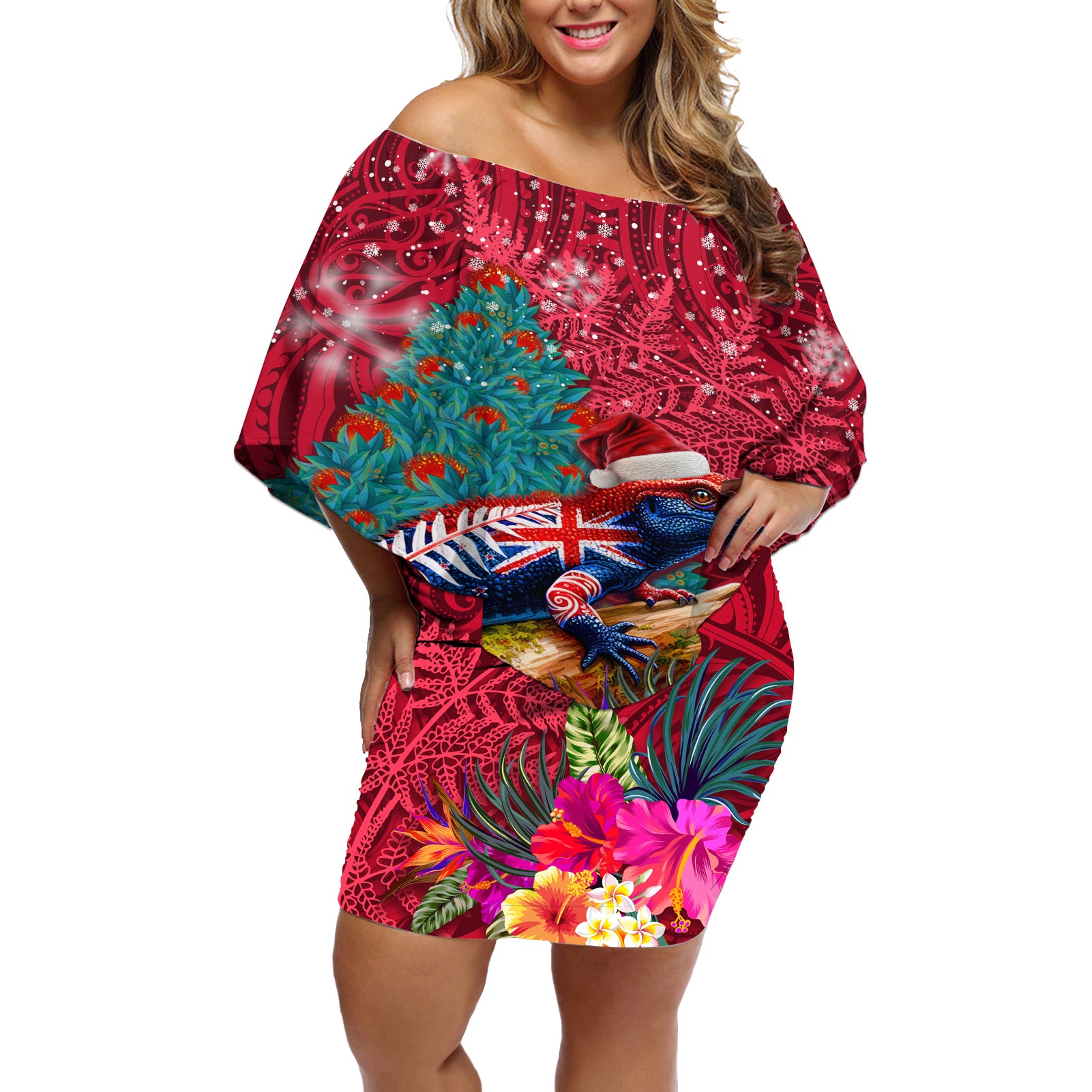 New Zealand Tuatara Christmas Off Shoulder Short Dress Silver Fern and Xmas Pohutukawa Tree Red Color