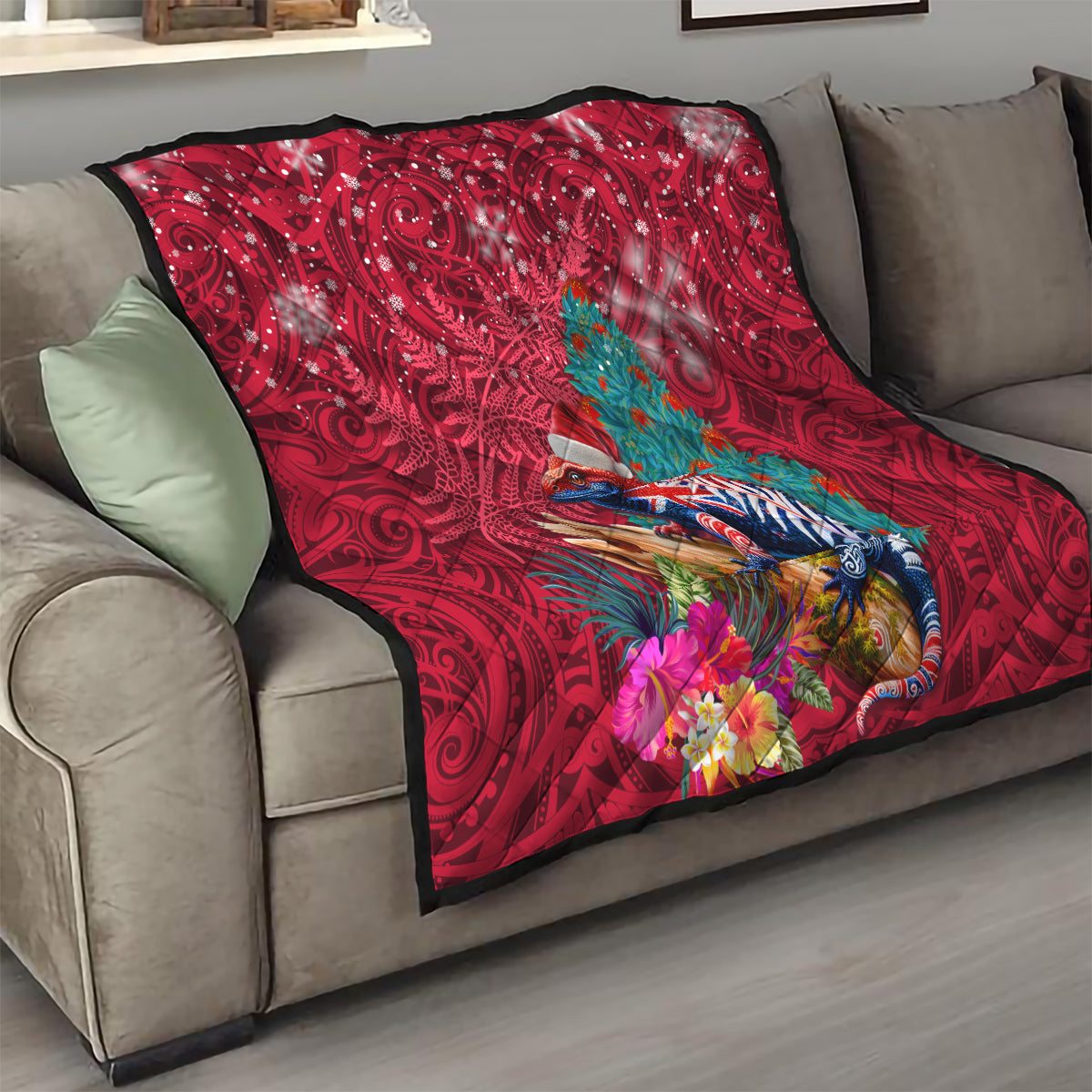 New Zealand Tuatara Christmas Quilt Silver Fern and Xmas Pohutukawa Tree Red Color