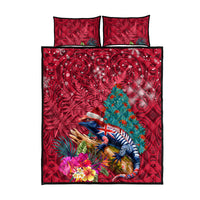 New Zealand Tuatara Christmas Quilt Bed Set Silver Fern and Xmas Pohutukawa Tree Red Color