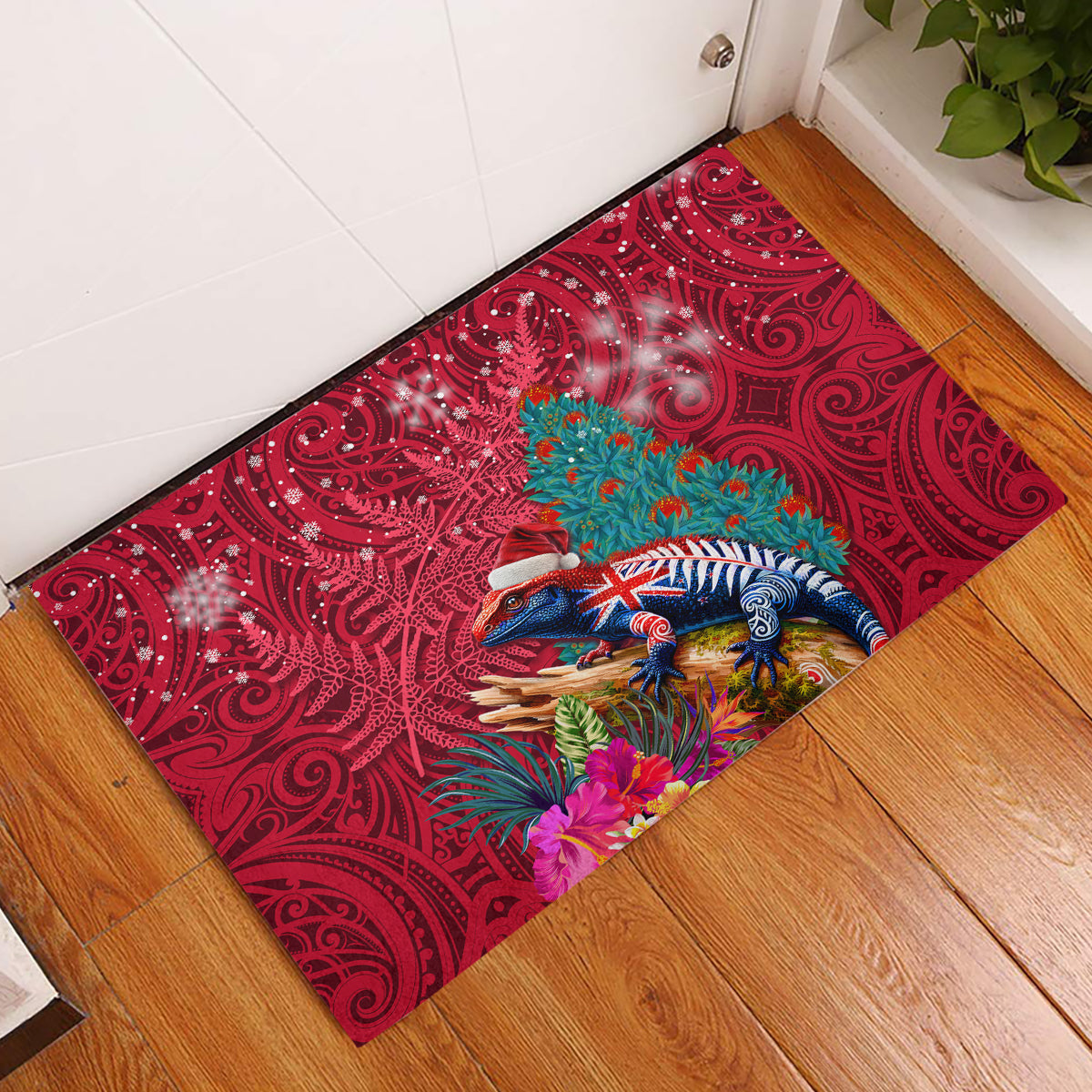 New Zealand Tuatara Christmas Rubber Doormat Silver Fern and Xmas Pohutukawa Tree Red Color LT03 Red - Polynesian Pride