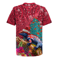 New Zealand Tuatara Christmas Rugby Jersey Silver Fern and Xmas Pohutukawa Tree Red Color