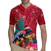 New Zealand Tuatara Christmas Rugby Jersey Silver Fern and Xmas Pohutukawa Tree Red Color