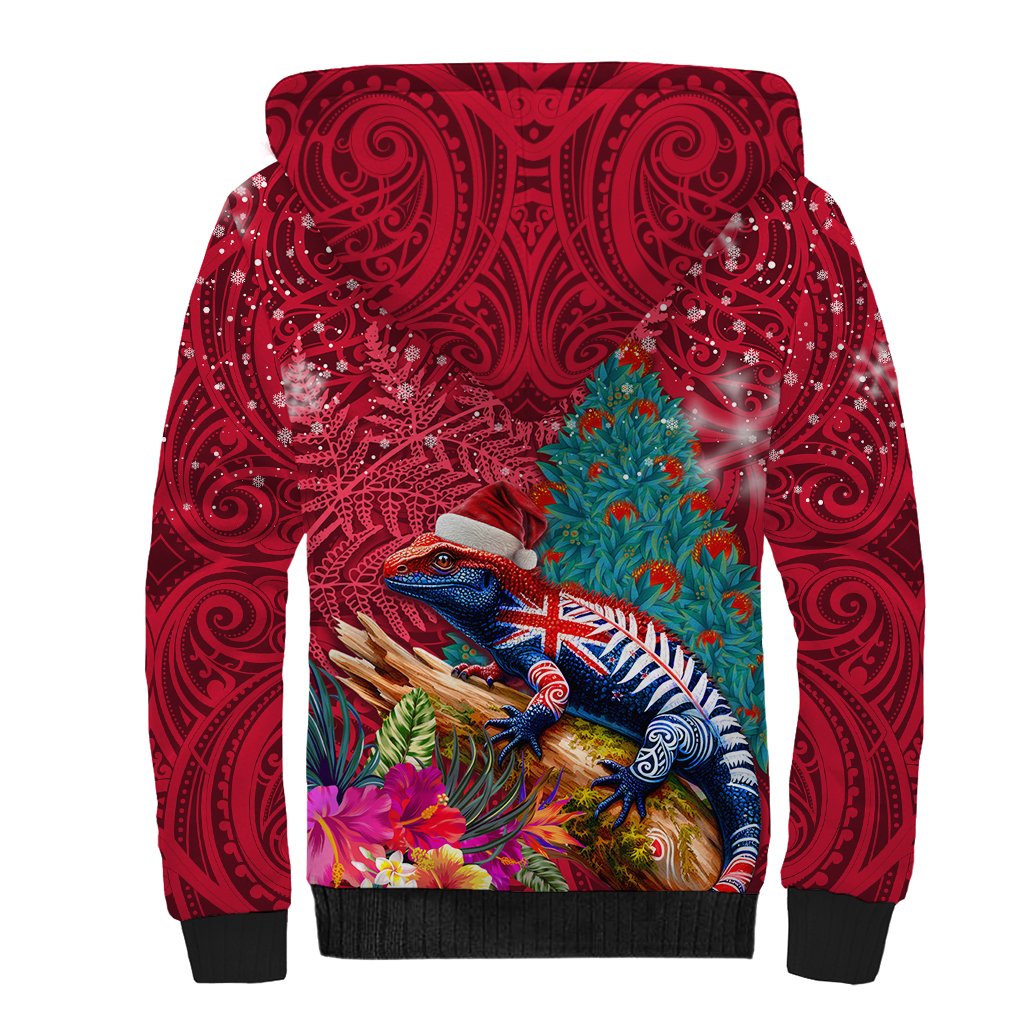 New Zealand Tuatara Christmas Sherpa Hoodie Silver Fern and Xmas Pohutukawa Tree Red Color