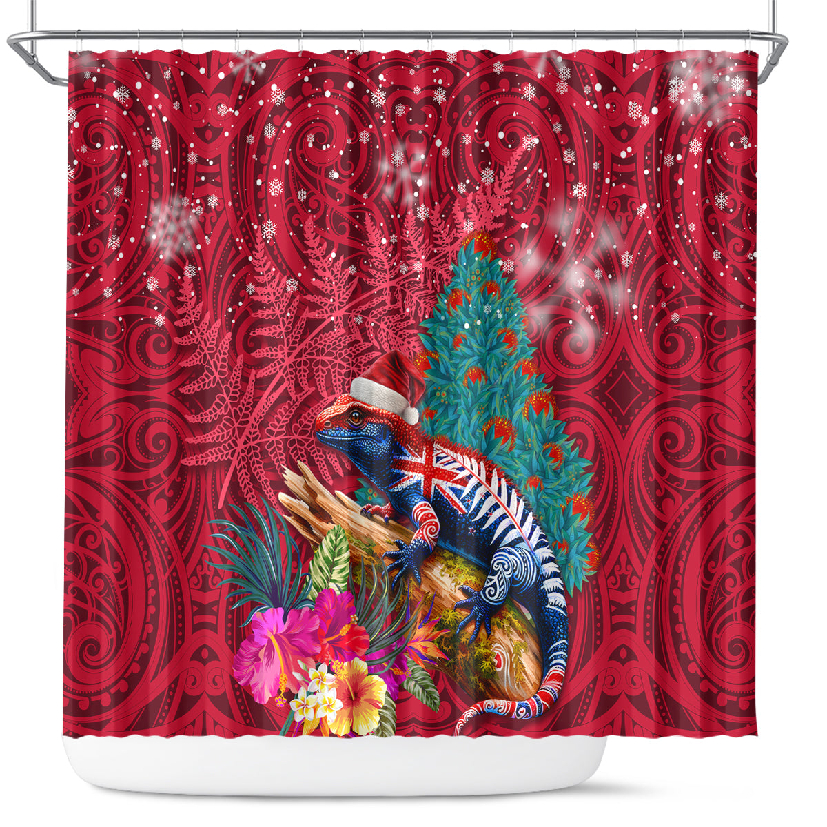 New Zealand Tuatara Christmas Shower Curtain Silver Fern and Xmas Pohutukawa Tree Red Color