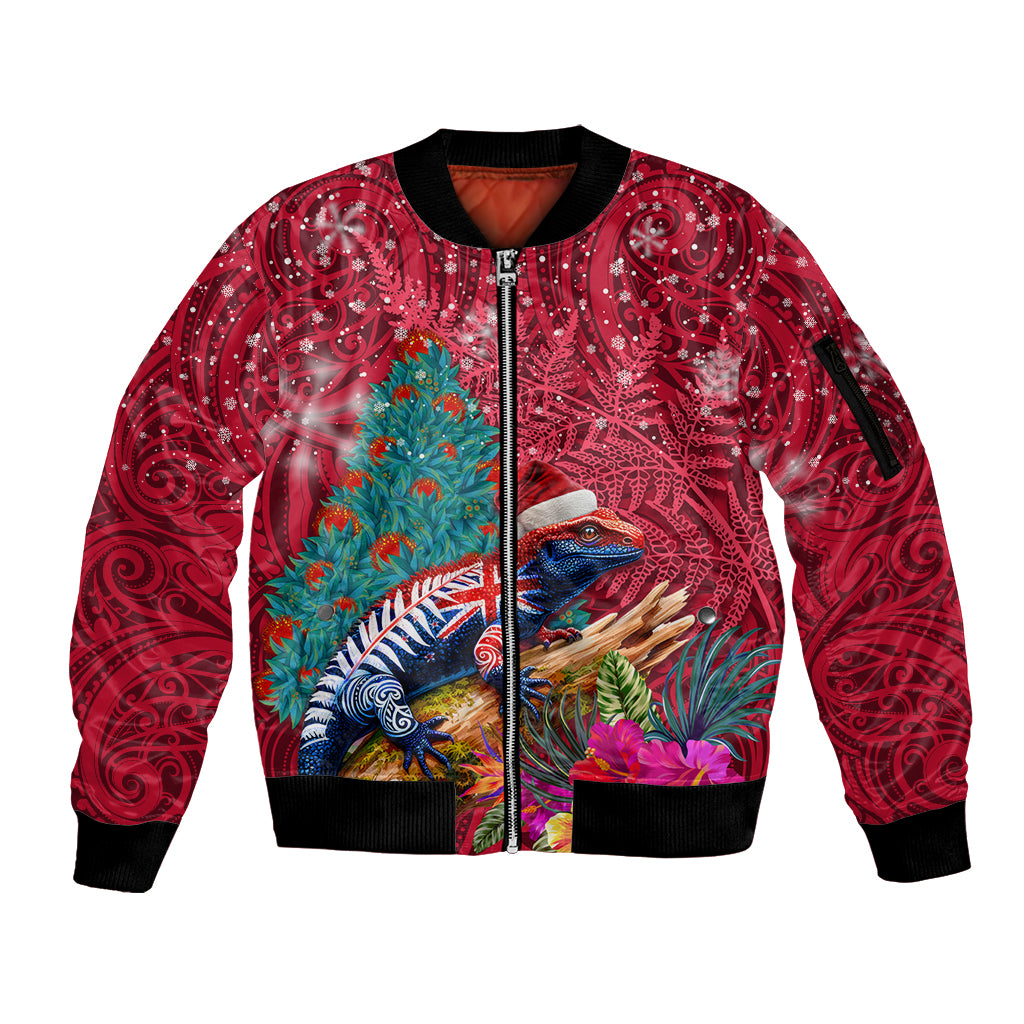 New Zealand Tuatara Christmas Sleeve Zip Bomber Jacket Silver Fern and Xmas Pohutukawa Tree Red Color LT03 Unisex Red - Polynesian Pride
