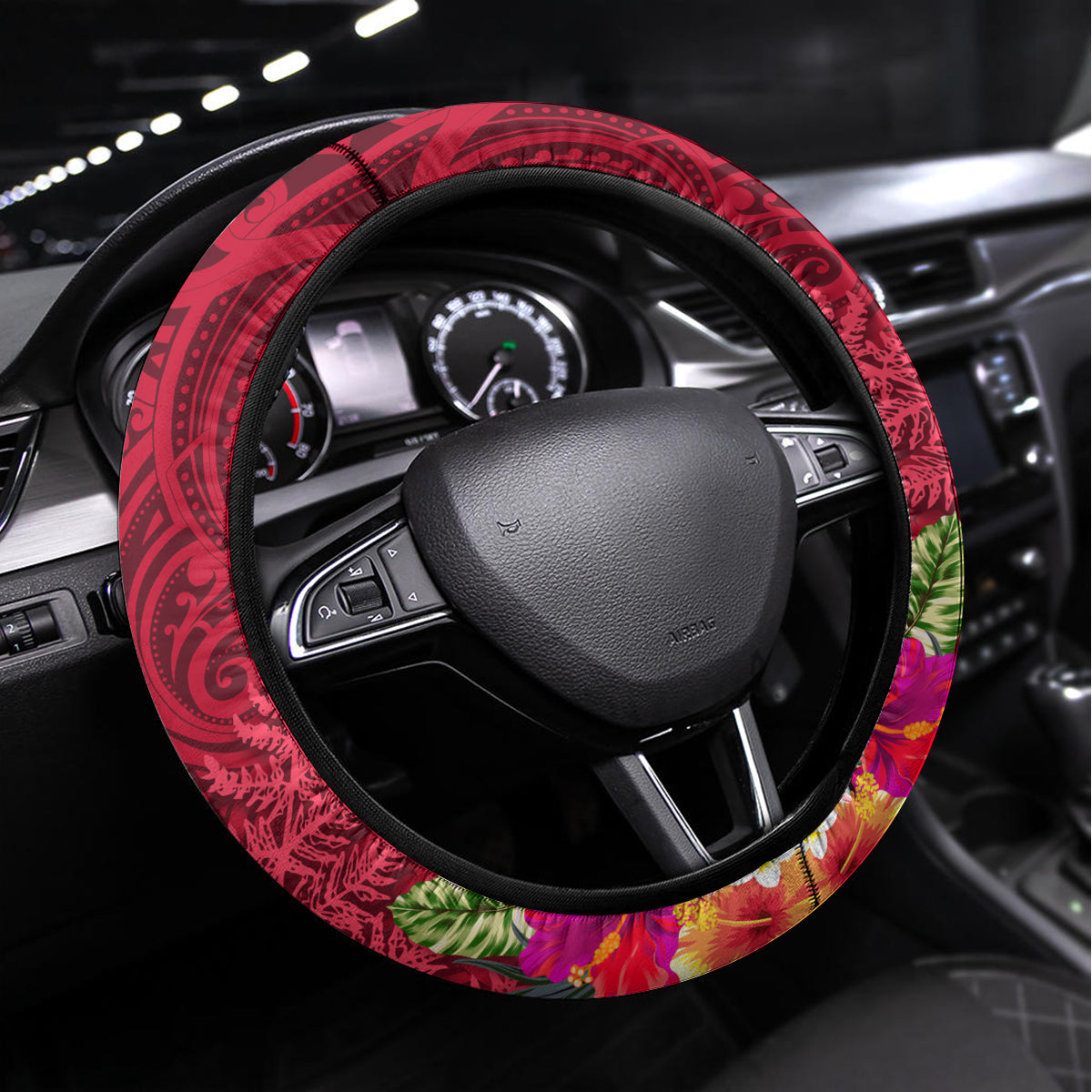 New Zealand Tuatara Christmas Steering Wheel Cover Silver Fern and Xmas Pohutukawa Tree Red Color