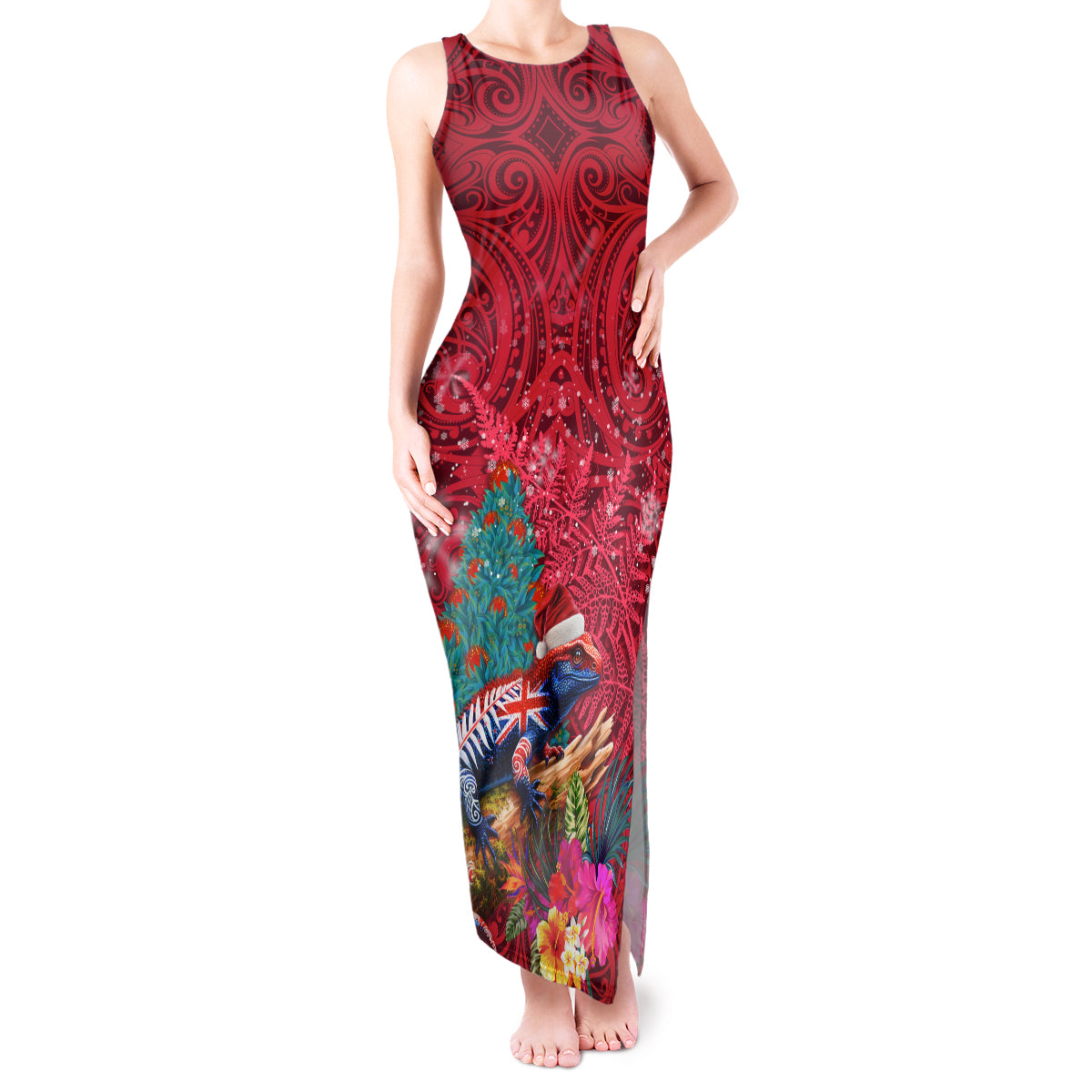 New Zealand Tuatara Christmas Tank Maxi Dress Silver Fern and Xmas Pohutukawa Tree Red Color