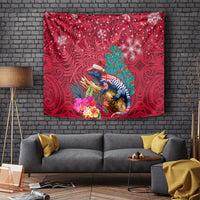 New Zealand Tuatara Christmas Tapestry Silver Fern and Xmas Pohutukawa Tree Red Color