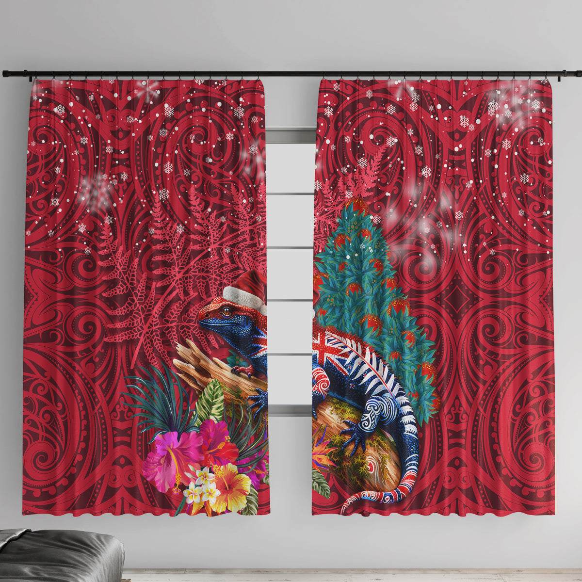 New Zealand Tuatara Christmas Window Curtain Silver Fern and Xmas Pohutukawa Tree Red Color