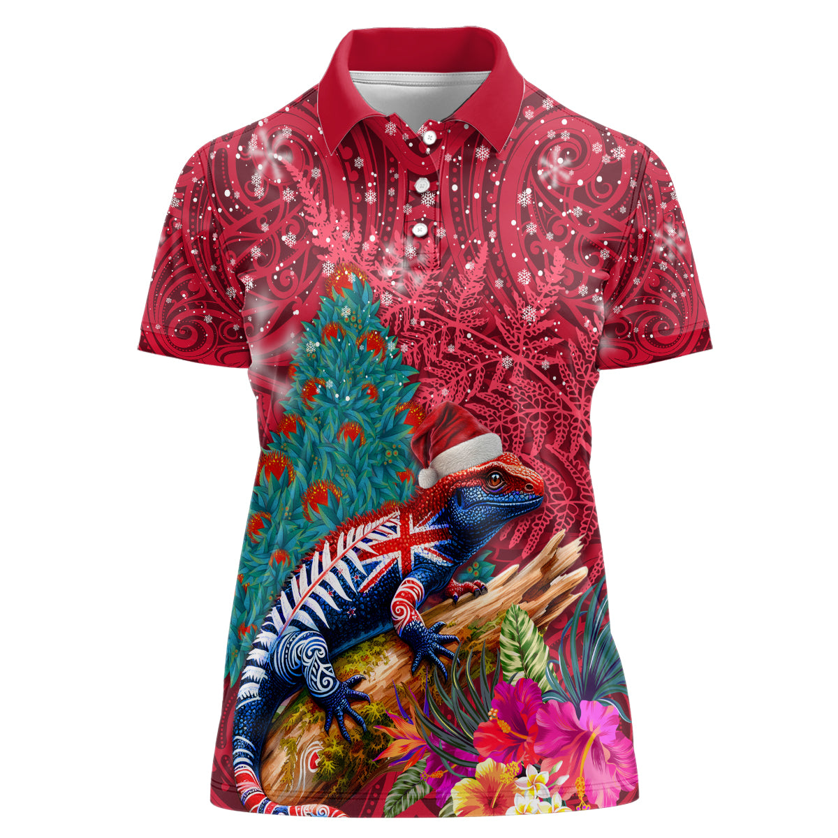 New Zealand Tuatara Christmas Women Polo Shirt Silver Fern and Xmas Pohutukawa Tree Red Color