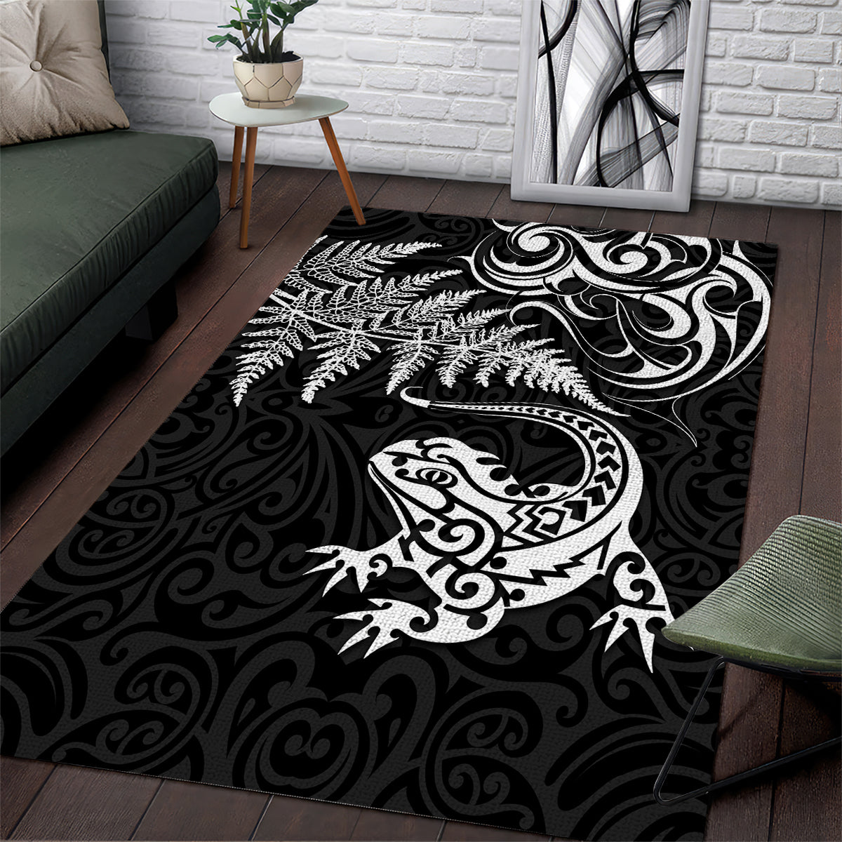 New Zealand Tuatara Tribal Tattoo Area Rug Silver Fern and Maori Pattern Black Color