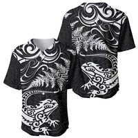New Zealand Tuatara Tribal Tattoo Baseball Jersey Silver Fern and Maori Pattern Black Color