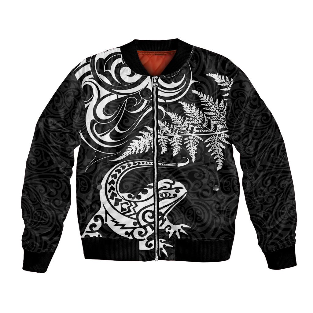 New Zealand Tuatara Tribal Tattoo Bomber Jacket Silver Fern and Maori Pattern Black Color LT03 Unisex Black - Polynesian Pride