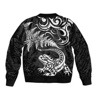 New Zealand Tuatara Tribal Tattoo Bomber Jacket Silver Fern and Maori Pattern Black Color LT03 - Polynesian Pride