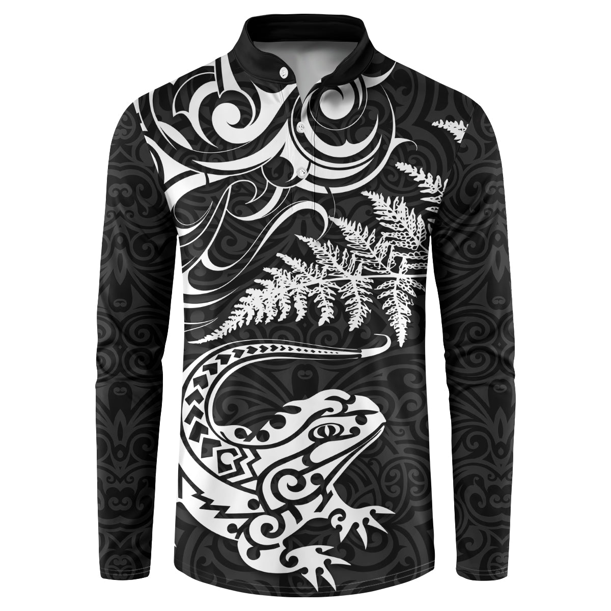 New Zealand Tuatara Tribal Tattoo Button Sweatshirt Silver Fern and Maori Pattern Black Color LT03 Black - Polynesian Pride