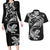 New Zealand Tuatara Tribal Tattoo Couples Matching Long Sleeve Bodycon Dress and Hawaiian Shirt Silver Fern and Maori Pattern Black Color